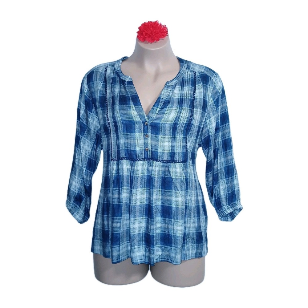 Wrangler Women Pintuck Plaid Top XXL Blue Western Cowgirl Rodeo Country Ranch